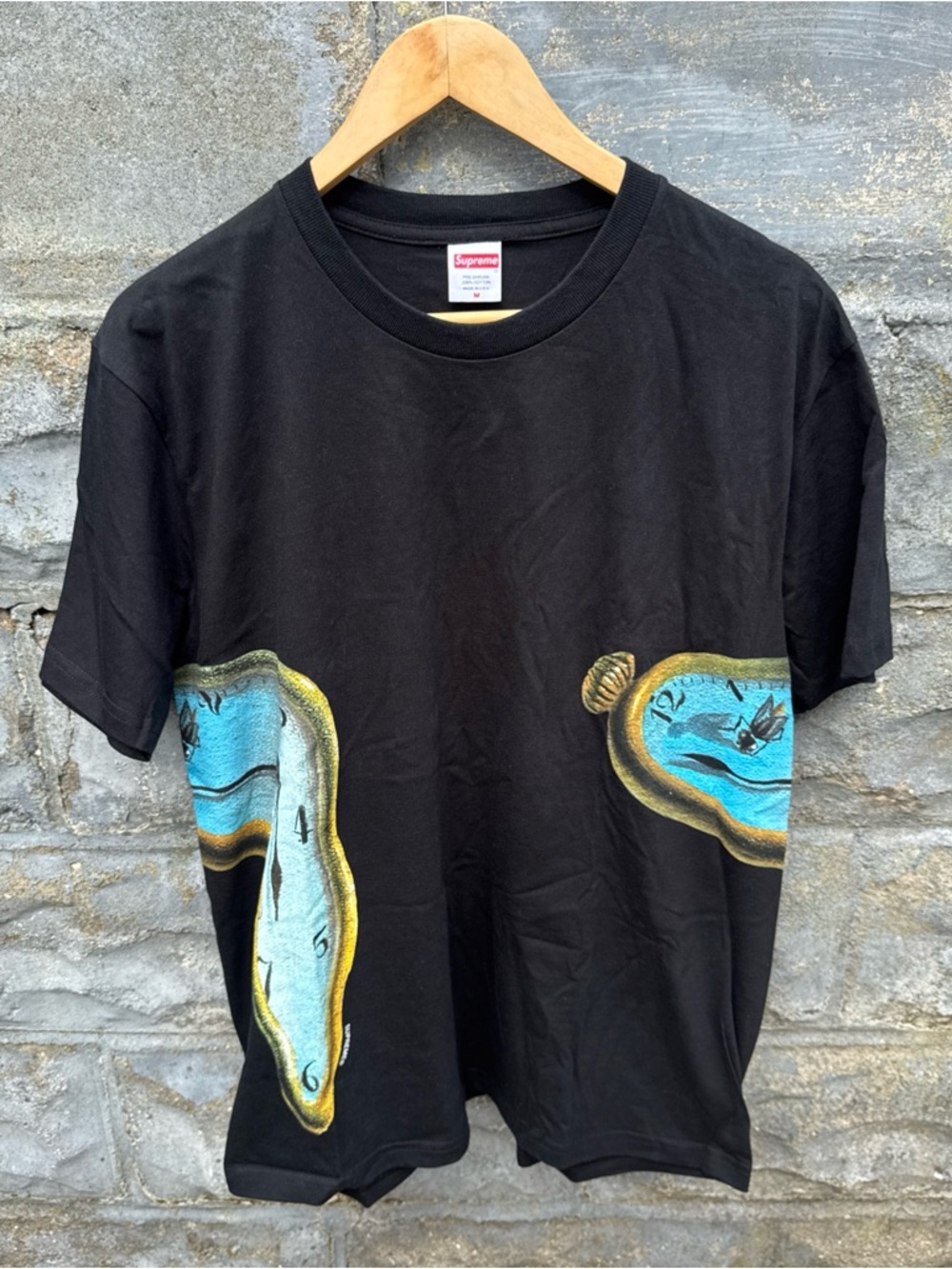 Supreme Black Tee with Blue and Gold Melting Clock Graphics